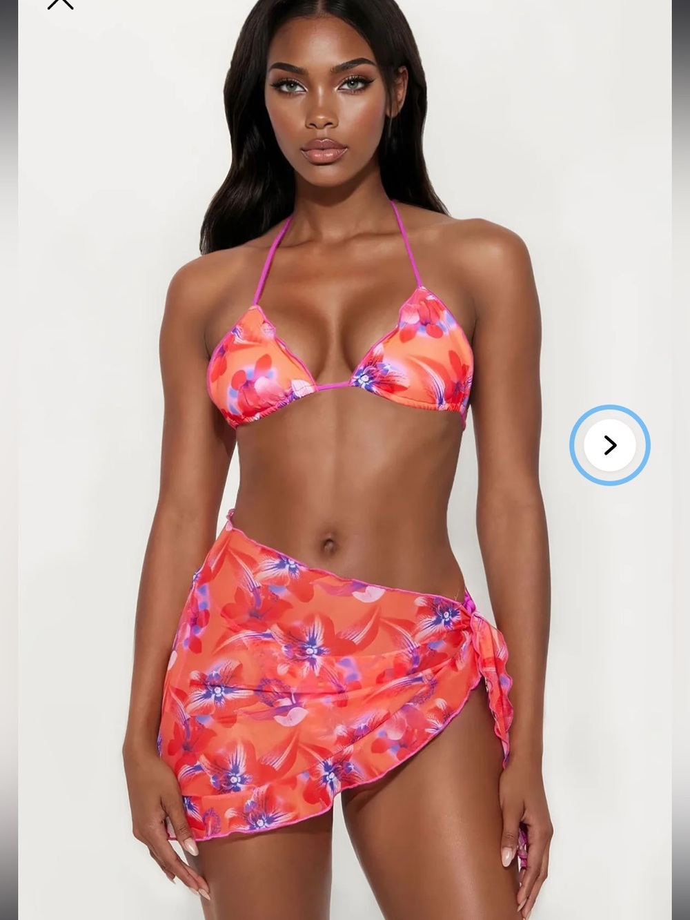 Island Sunsets & Orchids Ruffle 3 Piece Bikini & Sarong Set Pink/combo